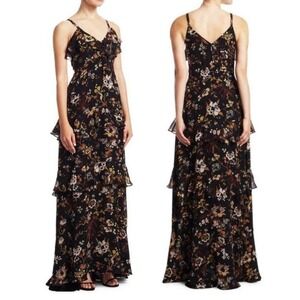 A.L.C. Zaydena Silk Ruffle Floral Maxi Printed Dark Floral Tiered Dress 10